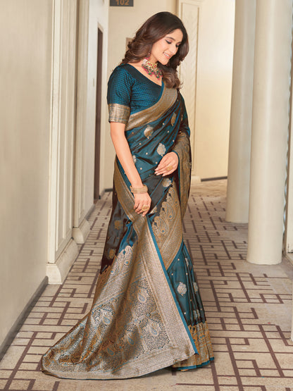 Woven Banarasi Jacquard, Satin Silk Blend Saree With Unstitched Blouse (Firozi)
