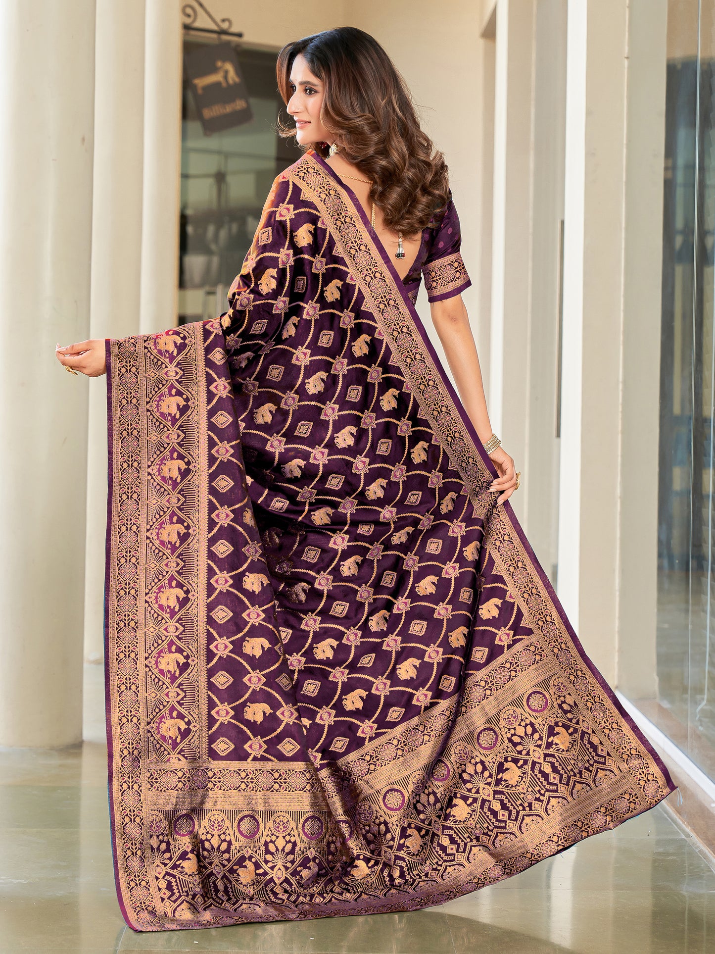 Woven Banarasi Jacquard, Satin Silk Blend Saree With Unstitched Blouse (Wine)