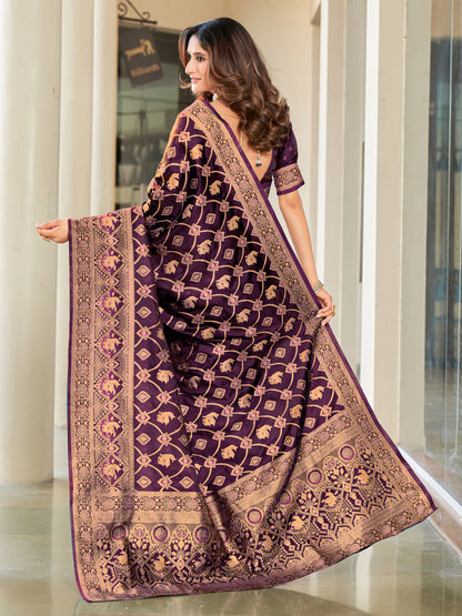 Woven Banarasi Jacquard, Satin Silk Blend Saree With Unstitched Blouse (Wine)