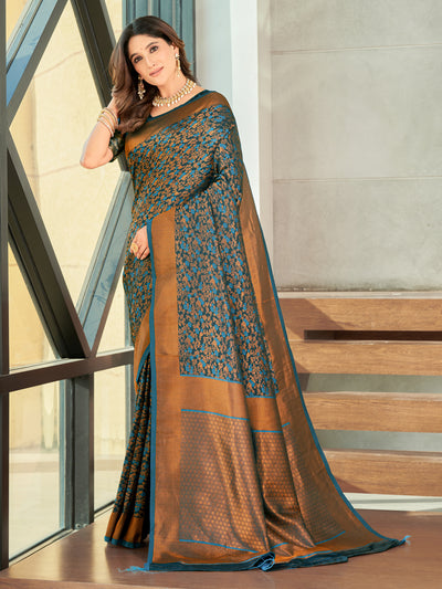 Woven Banarasi Jacquard, Satin Silk Blend Saree With Unstitched Blouse (Firozi)