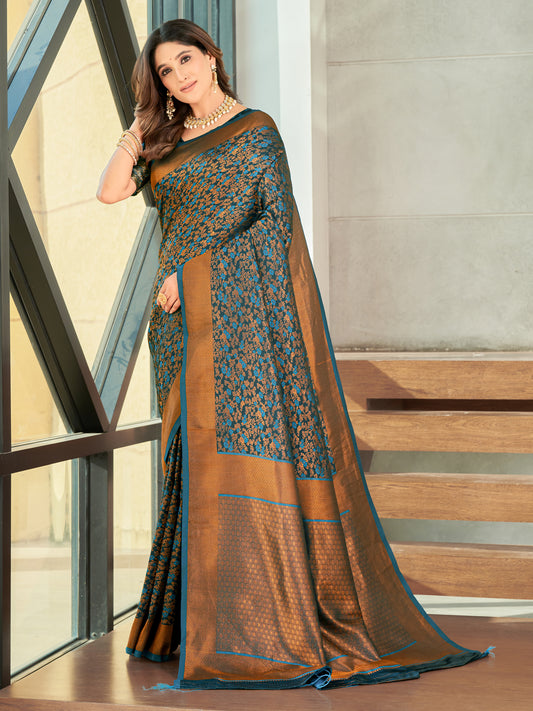 Woven Banarasi Jacquard, Satin Silk Blend Saree With Unstitched Blouse (Firozi)