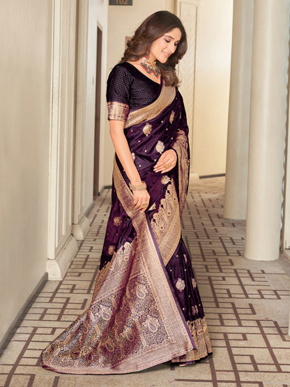 Woven Banarasi Jacquard, Satin Silk Blend Saree With Unstitched Blouse (Wine)