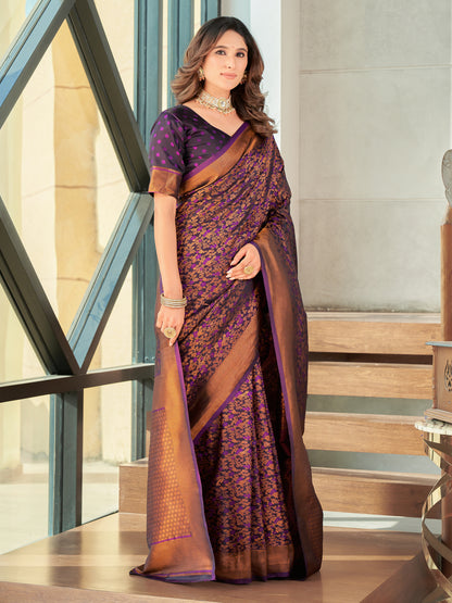 Woven Banarasi Jacquard, Satin Silk Blend Saree With Unstitched Blouse (Wine)