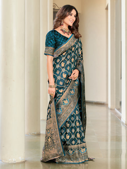 Woven Banarasi Jacquard, Satin Silk Blend Saree With Unstitched Blouse (Firozi)