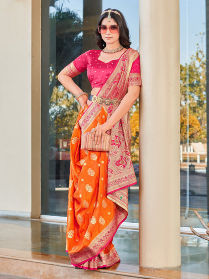 Woven Banarasi Jacquard, Satin Silk Blend Saree With Unstitched Blouse (Orange)