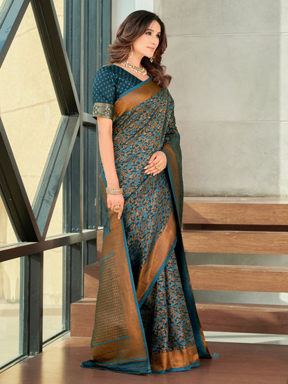 Woven Banarasi Jacquard, Satin Silk Blend Saree With Unstitched Blouse (Firozi)