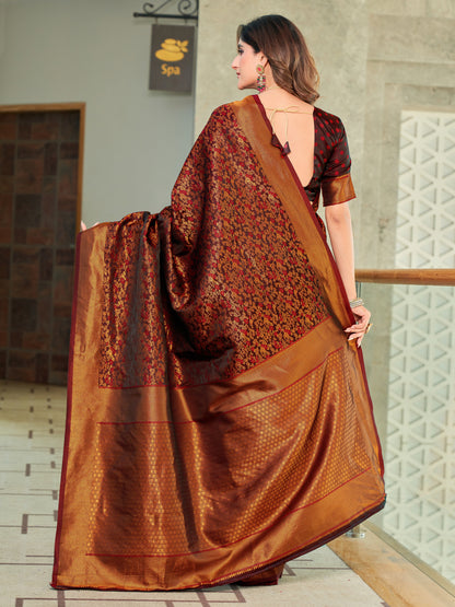 Woven Banarasi Jacquard, Satin Silk Blend Saree With Unstitched Blouse (Maroon)