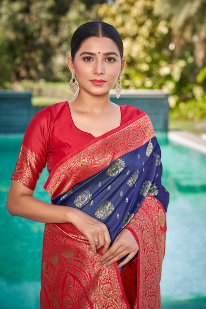 Woven Kanjivaram Jacquard, Silk Blend Saree With Unstitched Blouse(Navy Blue)