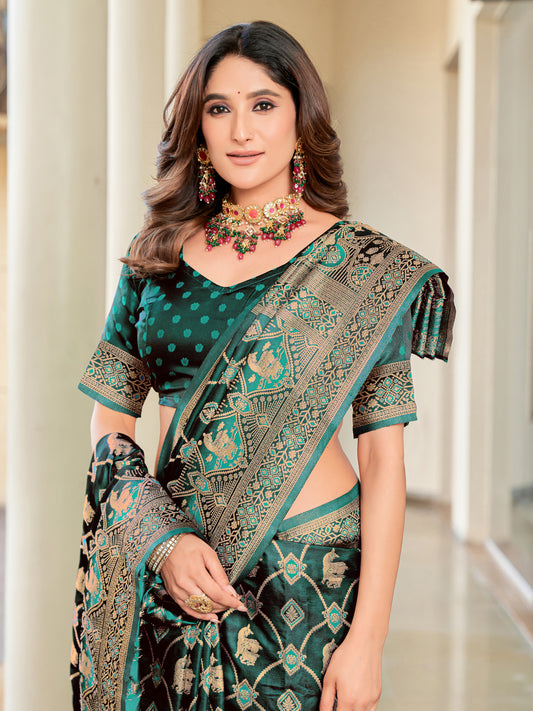 Woven Banarasi Jacquard, Satin Silk Blend Saree With Unstitched Blouse (Green)