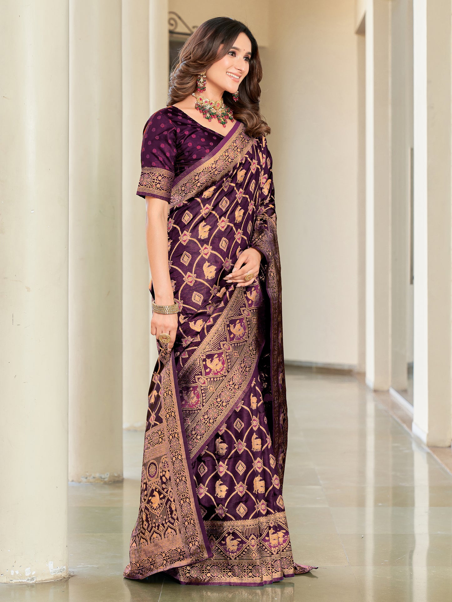 Woven Banarasi Jacquard, Satin Silk Blend Saree With Unstitched Blouse (Wine)