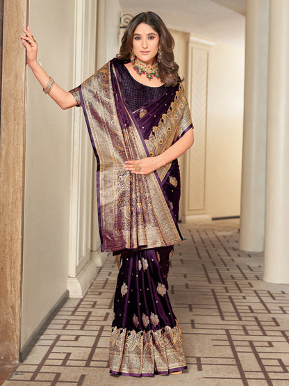 Woven Banarasi Jacquard, Satin Silk Blend Saree With Unstitched Blouse (Wine)
