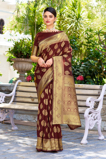 Woven Banarasi Jacquard, Silk Blend Saree With Unstitched Blouse (Maroon)