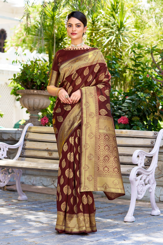Woven Banarasi Jacquard, Silk Blend Saree With Unstitched Blouse (Maroon)