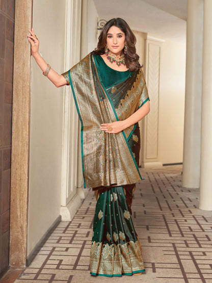 Woven Banarasi Jacquard, Satin Silk Blend Saree With Unstitched Blouse (Green)