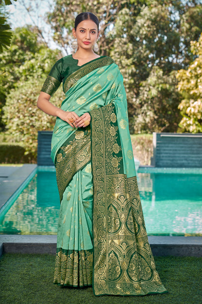Woven Kanjivaram Jacquard, Silk Blend Saree With Unstitched Blouse(Pastel-Green)