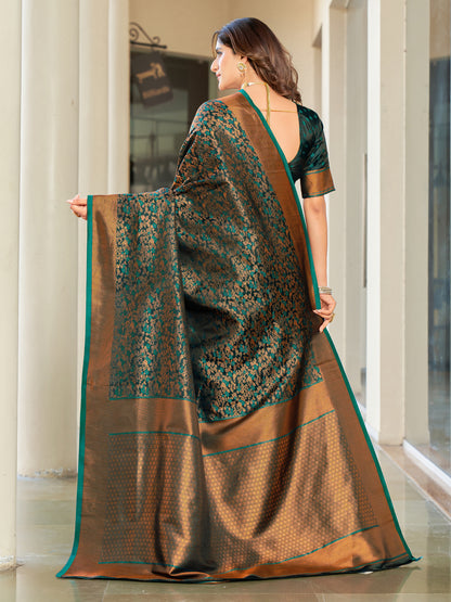 Woven Banarasi Jacquard, Satin Silk Blend Saree With Unstitched Blouse (Green)