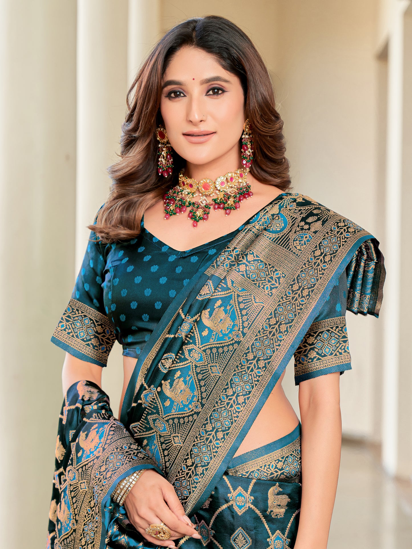 Woven Banarasi Jacquard, Satin Silk Blend Saree With Unstitched Blouse (Firozi)