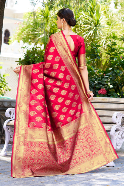 Woven Banarasi Jacquard, Silk Blend Saree With Unstitched Blouse (Dark Pink)