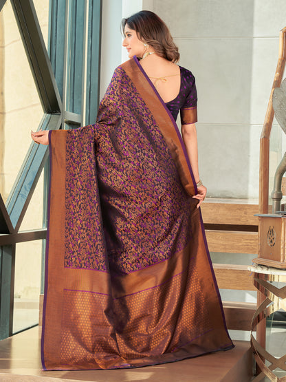 Woven Banarasi Jacquard, Satin Silk Blend Saree With Unstitched Blouse (Wine)