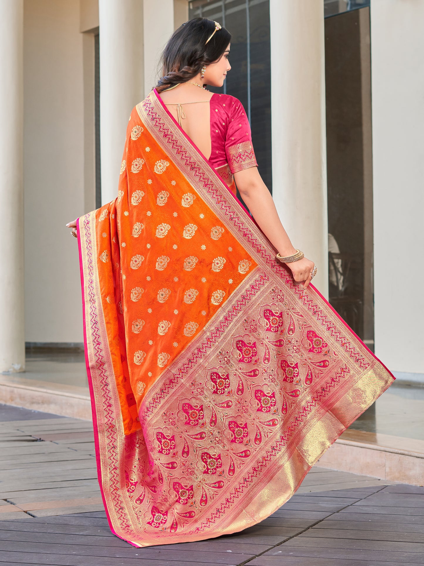 Woven Banarasi Jacquard, Satin Silk Blend Saree With Unstitched Blouse (Orange)