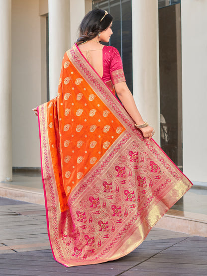 Woven Banarasi Jacquard, Satin Silk Blend Saree With Unstitched Blouse (Orange)