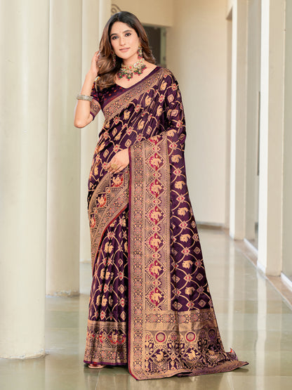 Woven Banarasi Jacquard, Satin Silk Blend Saree With Unstitched Blouse (Wine)