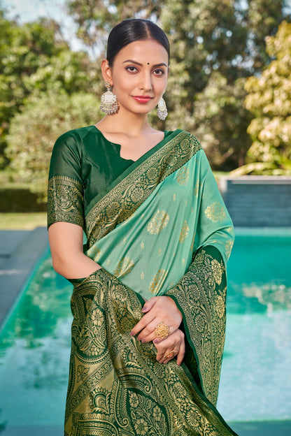 Woven Kanjivaram Jacquard, Silk Blend Saree With Unstitched Blouse(Pastel-Green)