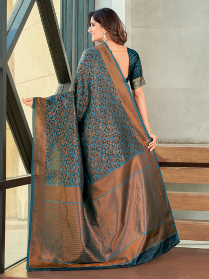 Woven Banarasi Jacquard, Satin Silk Blend Saree With Unstitched Blouse (Firozi)