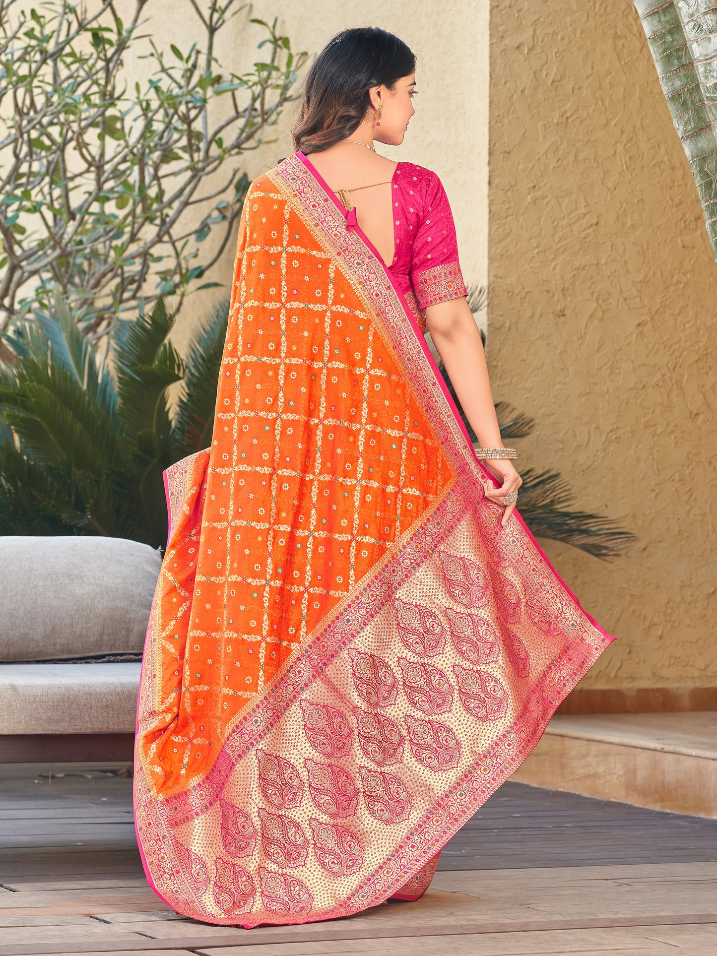 Woven Banarasi Jacquard, Satin Silk Blend Saree With Unstitched Blouse (Orange)