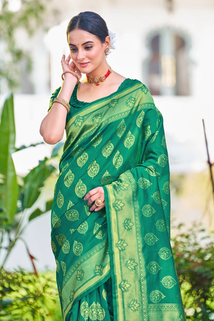 Woven Banarasi Jacquard, Silk Blend Saree With Unstitched Blouse (Rama Green)