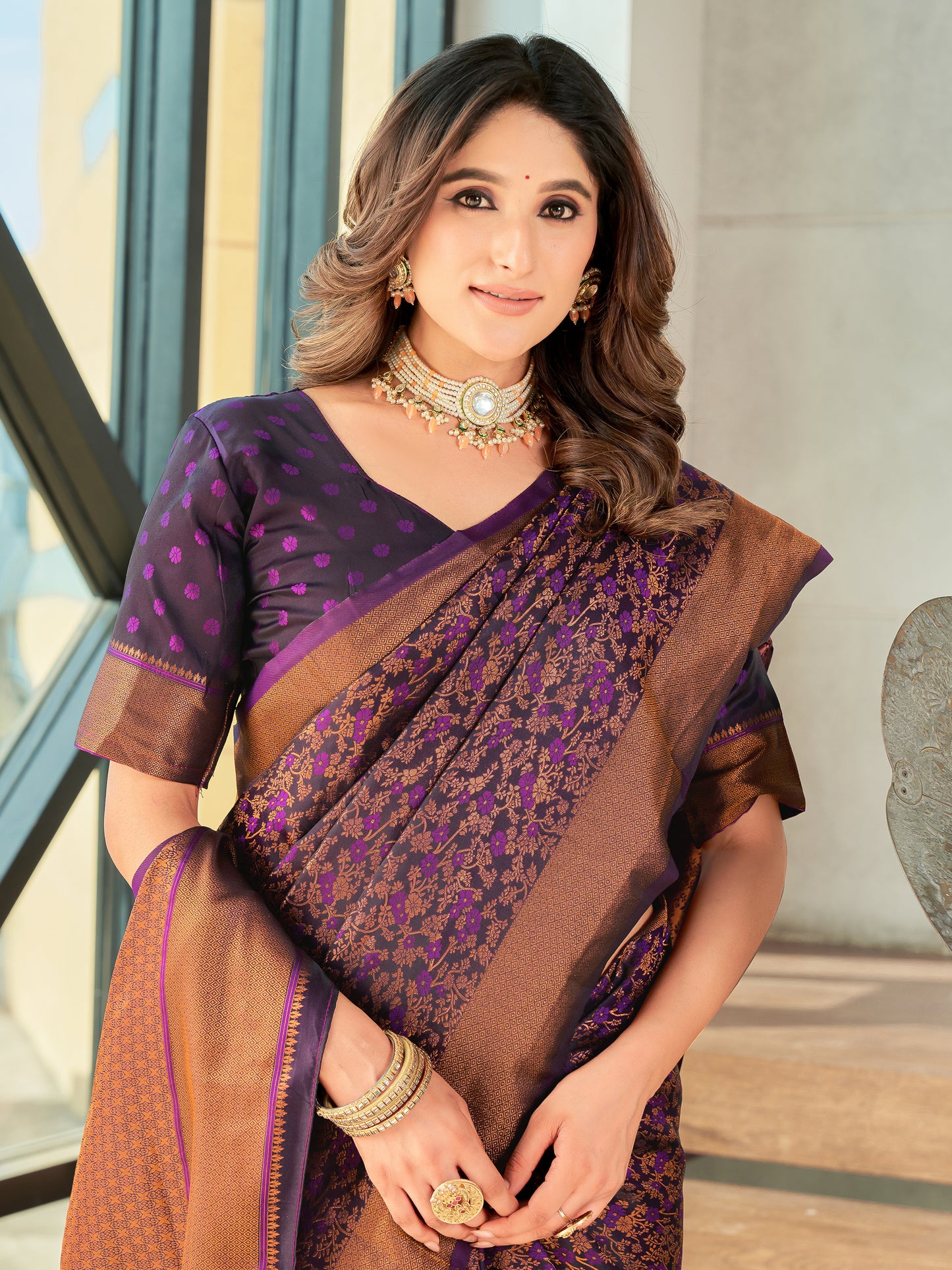 Woven Banarasi Jacquard, Satin Silk Blend Saree With Unstitched Blouse (Wine)
