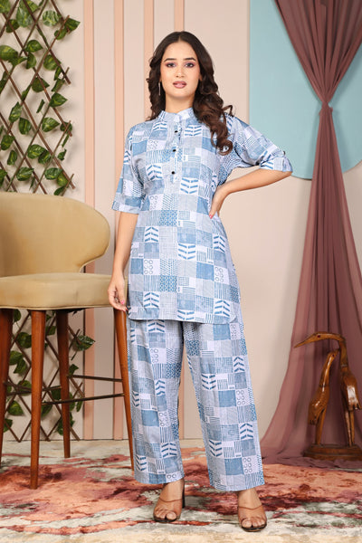 Stylish Blue & White Geometric Printed Pure Rayon Co-Ord Set for Women