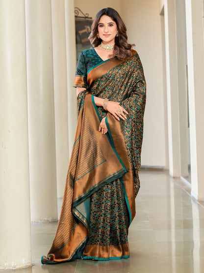 Woven Banarasi Jacquard, Satin Silk Blend Saree With Unstitched Blouse (Green)