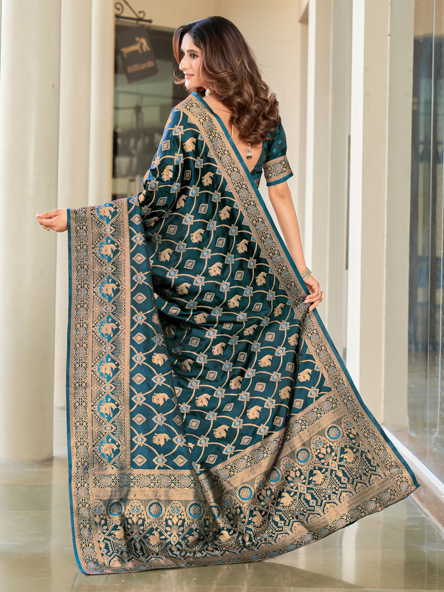 Woven Banarasi Jacquard, Satin Silk Blend Saree With Unstitched Blouse (Firozi)