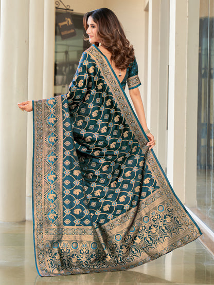 Woven Banarasi Jacquard, Satin Silk Blend Saree With Unstitched Blouse (Firozi)