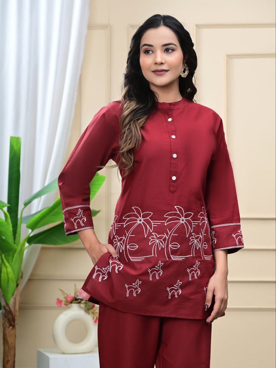 Trendy Maroon Embroidered Cotton Blend Co-ord Set for Women