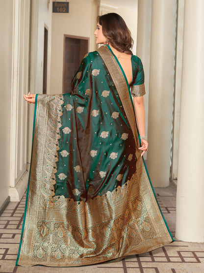 Woven Banarasi Jacquard, Satin Silk Blend Saree With Unstitched Blouse (Green)