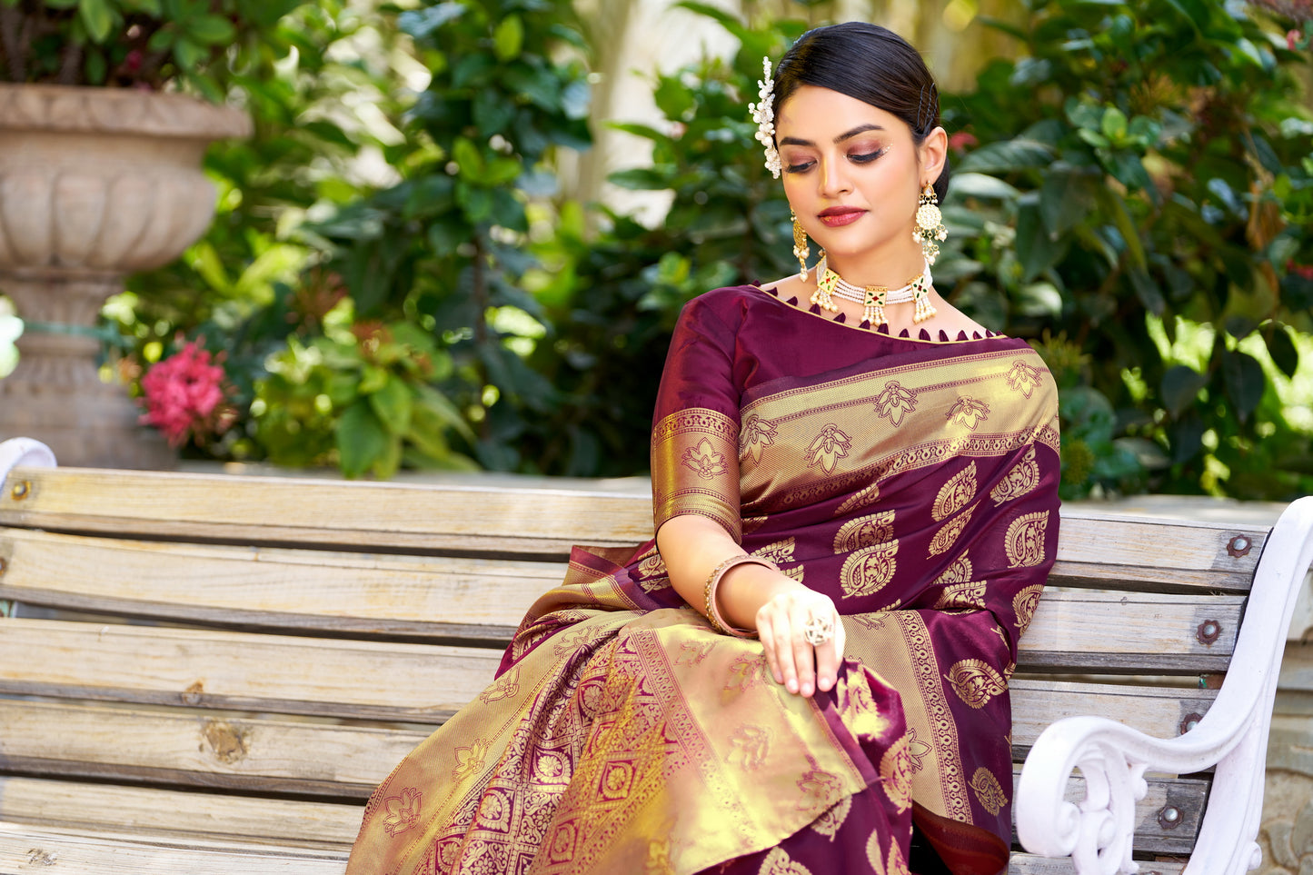 Woven Banarasi Jacquard, Silk Blend Saree With Unstitched Blouse (Wine)