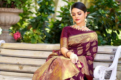 Woven Banarasi Jacquard, Silk Blend Saree With Unstitched Blouse (Wine)