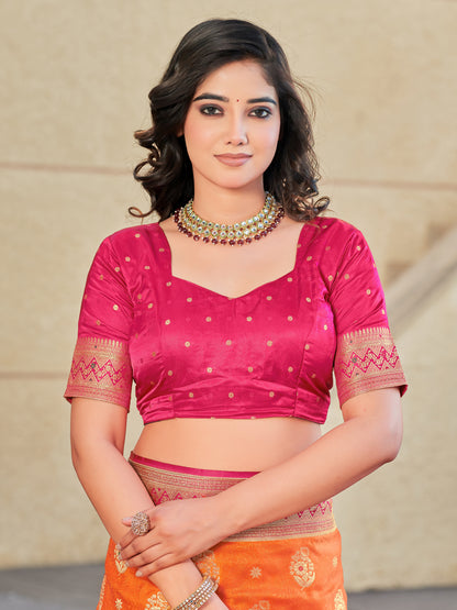 Woven Banarasi Jacquard, Satin Silk Blend Saree With Unstitched Blouse (Orange)