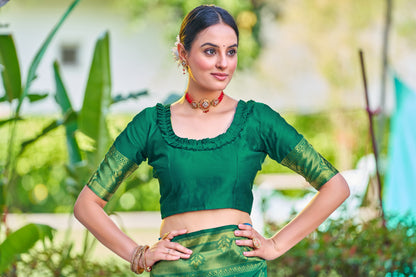 Woven Banarasi Jacquard, Silk Blend Saree With Unstitched Blouse (Rama Green)