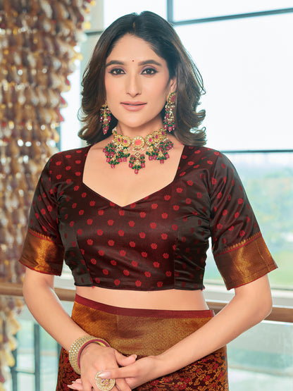 Woven Banarasi Jacquard, Satin Silk Blend Saree With Unstitched Blouse (Maroon)