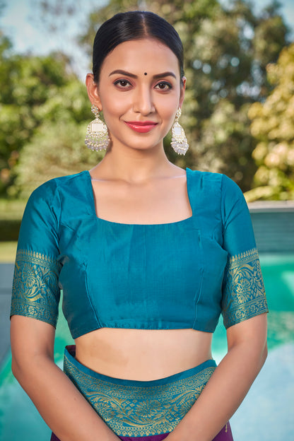 Woven Kanjivaram Jacquard, Silk Blend Saree With Unstitched Blouse(Wine)