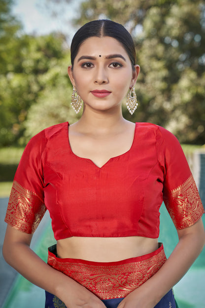 Woven Kanjivaram Jacquard, Silk Blend Saree With Unstitched Blouse(Navy Blue)