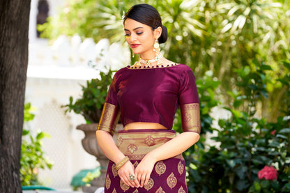 Woven Banarasi Jacquard, Silk Blend Saree With Unstitched Blouse (Wine)