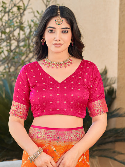 Woven Banarasi Jacquard, Satin Silk Blend Saree With Unstitched Blouse (Orange)