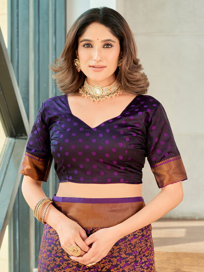 Woven Banarasi Jacquard, Satin Silk Blend Saree With Unstitched Blouse (Wine)