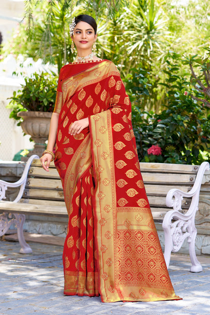Woven Banarasi Jacquard, Silk Blend Saree With Unstitched Blouse (Red)