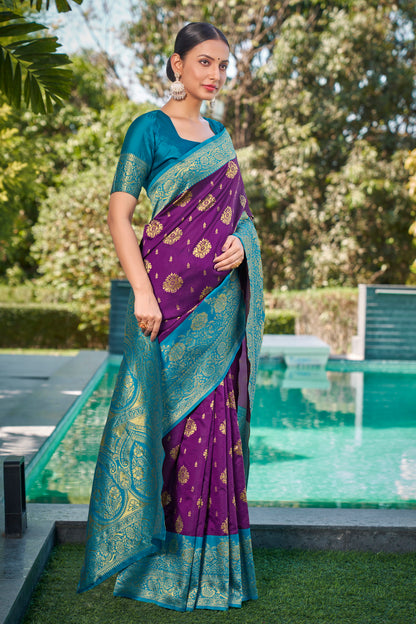 Woven Kanjivaram Jacquard, Silk Blend Saree With Unstitched Blouse(Wine)