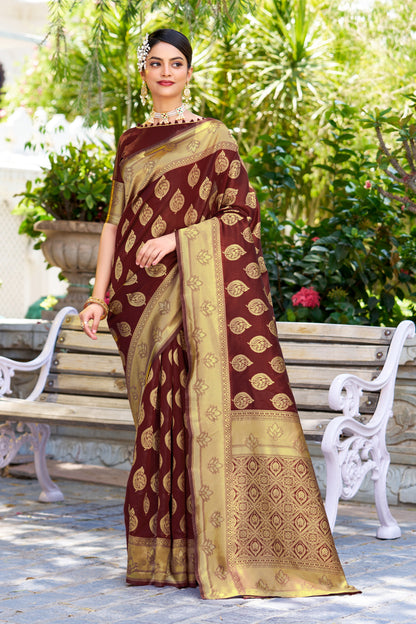 Woven Banarasi Jacquard, Silk Blend Saree With Unstitched Blouse (Maroon)